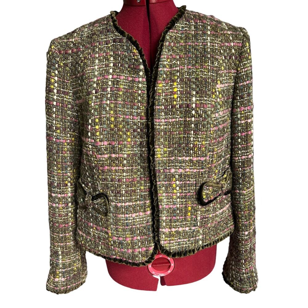 INC Vintage‎ Size 14P Wool Blend Y2K Tweed Blazer With Velvet Trim Bow Pockets